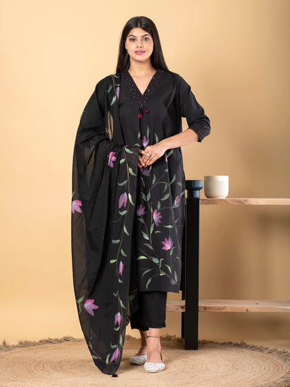 Straight Style Cotton Fabric Black Color Kurta And Bottom With Dupatta