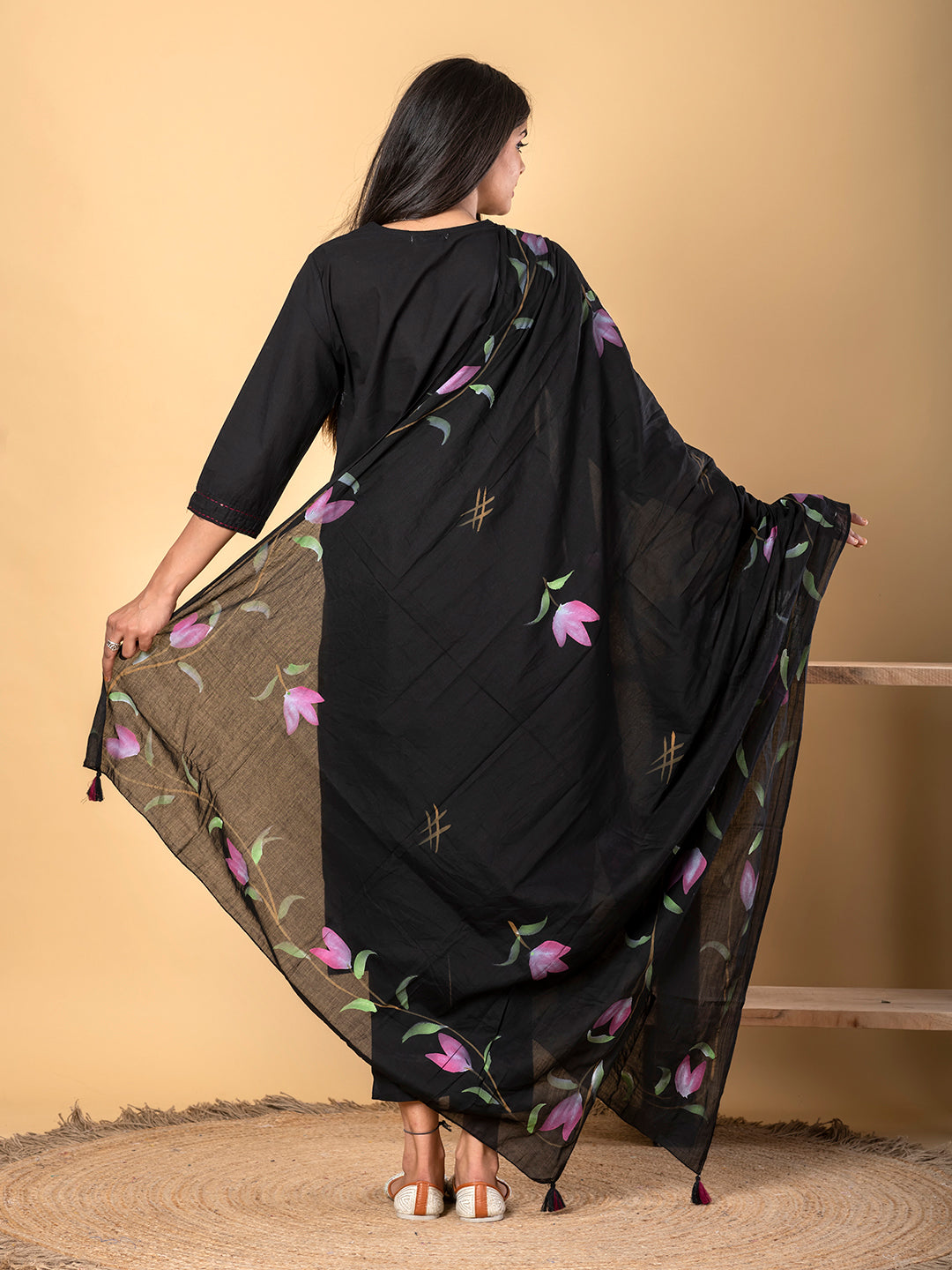 Straight Style Cotton Fabric Black Color Kurta And Bottom With Dupatta