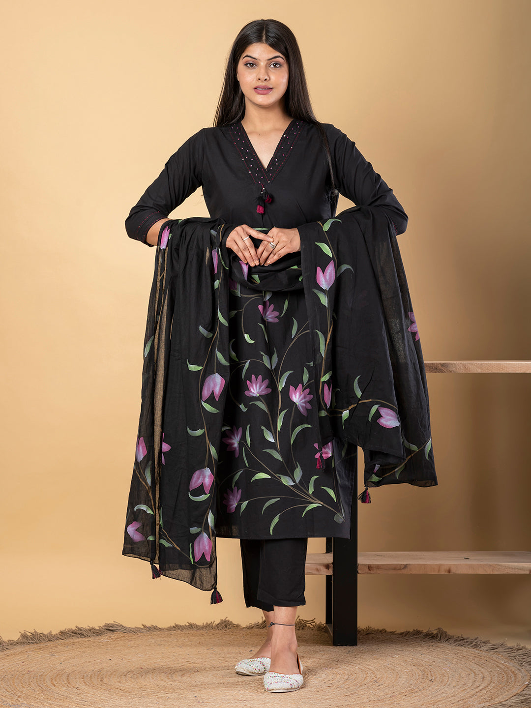 Straight Style Cotton Fabric Black Color Kurta And Bottom With Dupatta