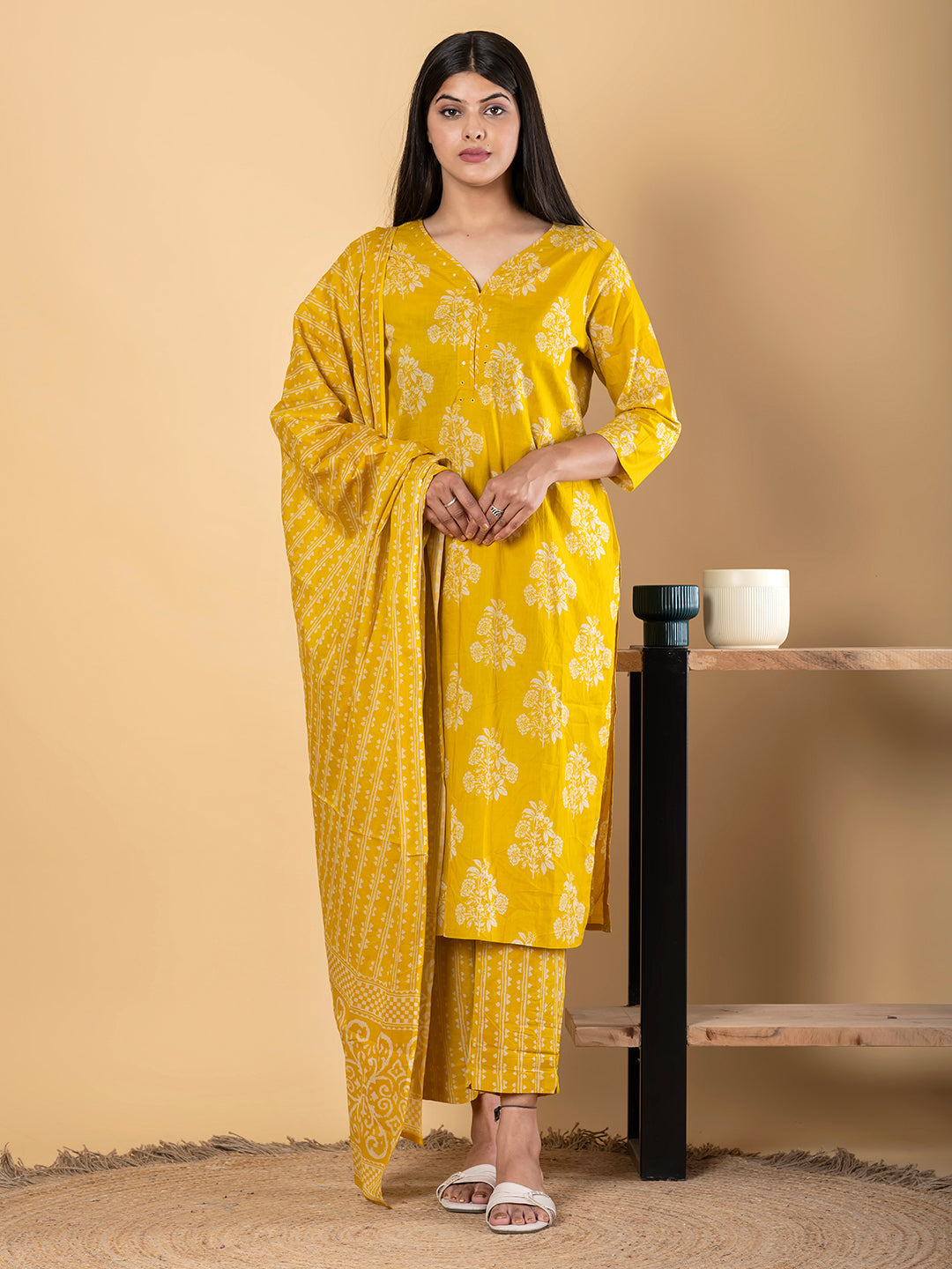 Straight Style Cotton Fabric Yellow Color Kurta And Bottom With Dupatta