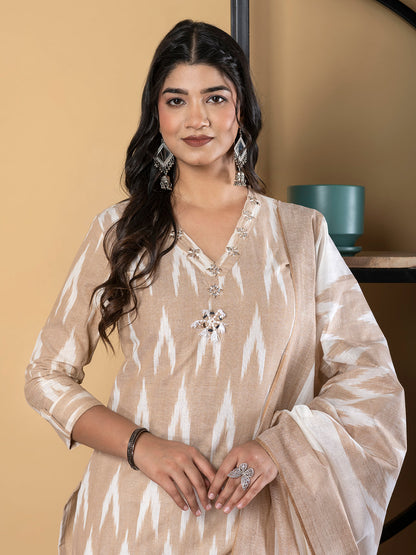 Straight Style Cotton Flex Fabric Beige Color Kurta And Bottom With Dupatta
