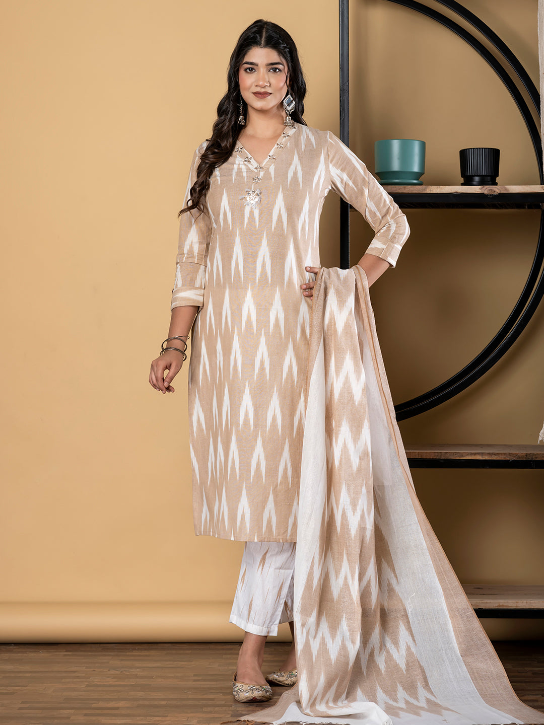 Straight Style Cotton Flex Fabric Beige Color Kurta And Bottom With Dupatta