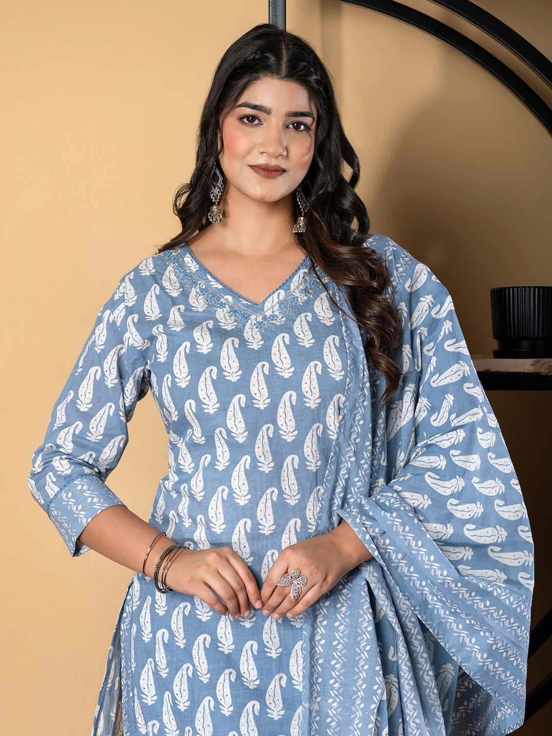 Straight Style Cotton Fabric Grey Color Kurta And Bottom With Dupatta
