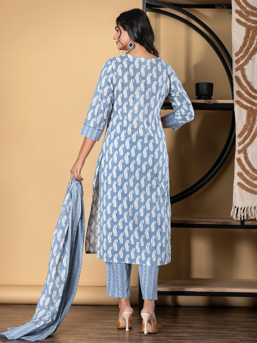 Straight Style Cotton Fabric Grey Color Kurta And Bottom With Dupatta
