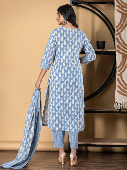Straight Style Cotton Fabric Grey Color Kurta And Bottom With Dupatta