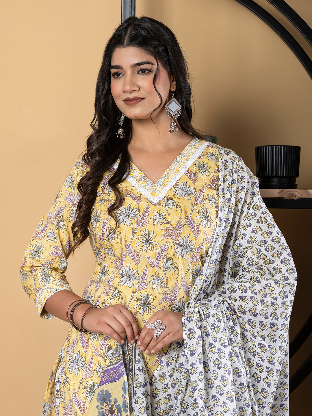 Straight Style Cotton Fabric Yellow Color Kurta And Bottom With Dupatta