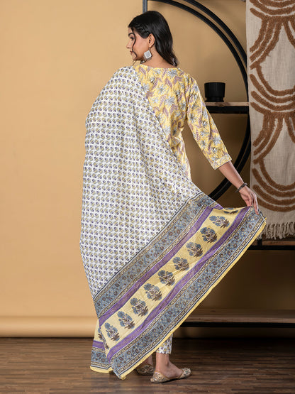 Straight Style Cotton Fabric Yellow Color Kurta And Bottom With Dupatta
