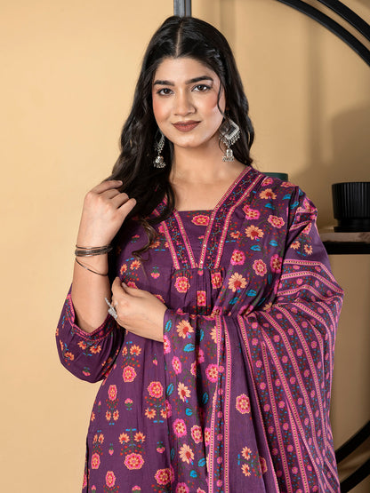 Straight Style Cotton Fabric Magenta Color Kurta And Bottom With Dupatta