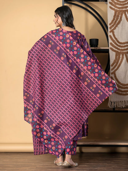 Straight Style Cotton Fabric Magenta Color Kurta And Bottom With Dupatta