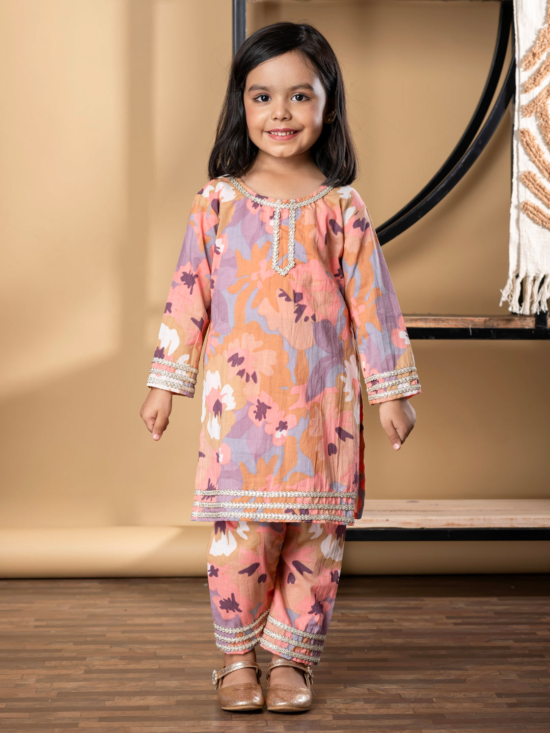 Girls Straight Style Cotton Fabric Brown Color Kurti With Palazzo