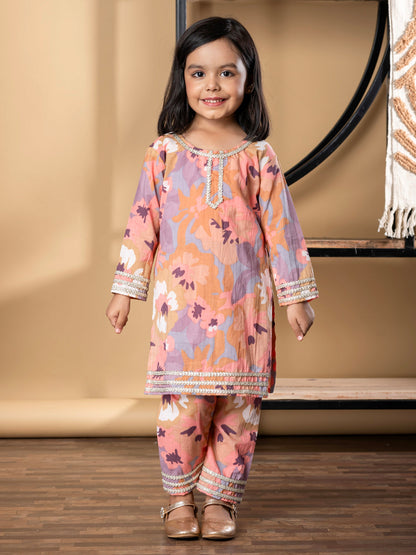 Girls Straight Style Cotton Fabric Brown Color Kurti With Palazzo