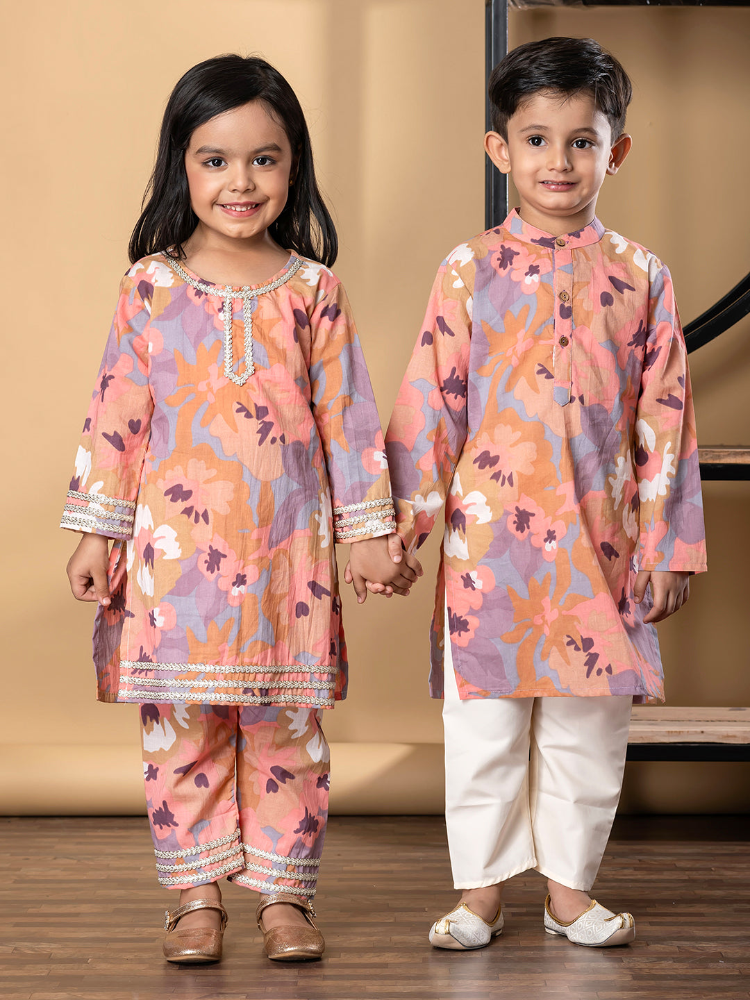 Girls Straight Style Cotton Fabric Brown Color Kurti With Palazzo