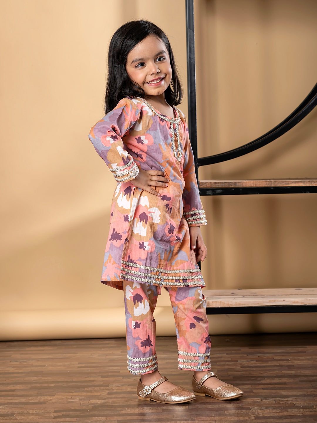 Girls Straight Style Cotton Fabric Brown Color Kurti With Palazzo