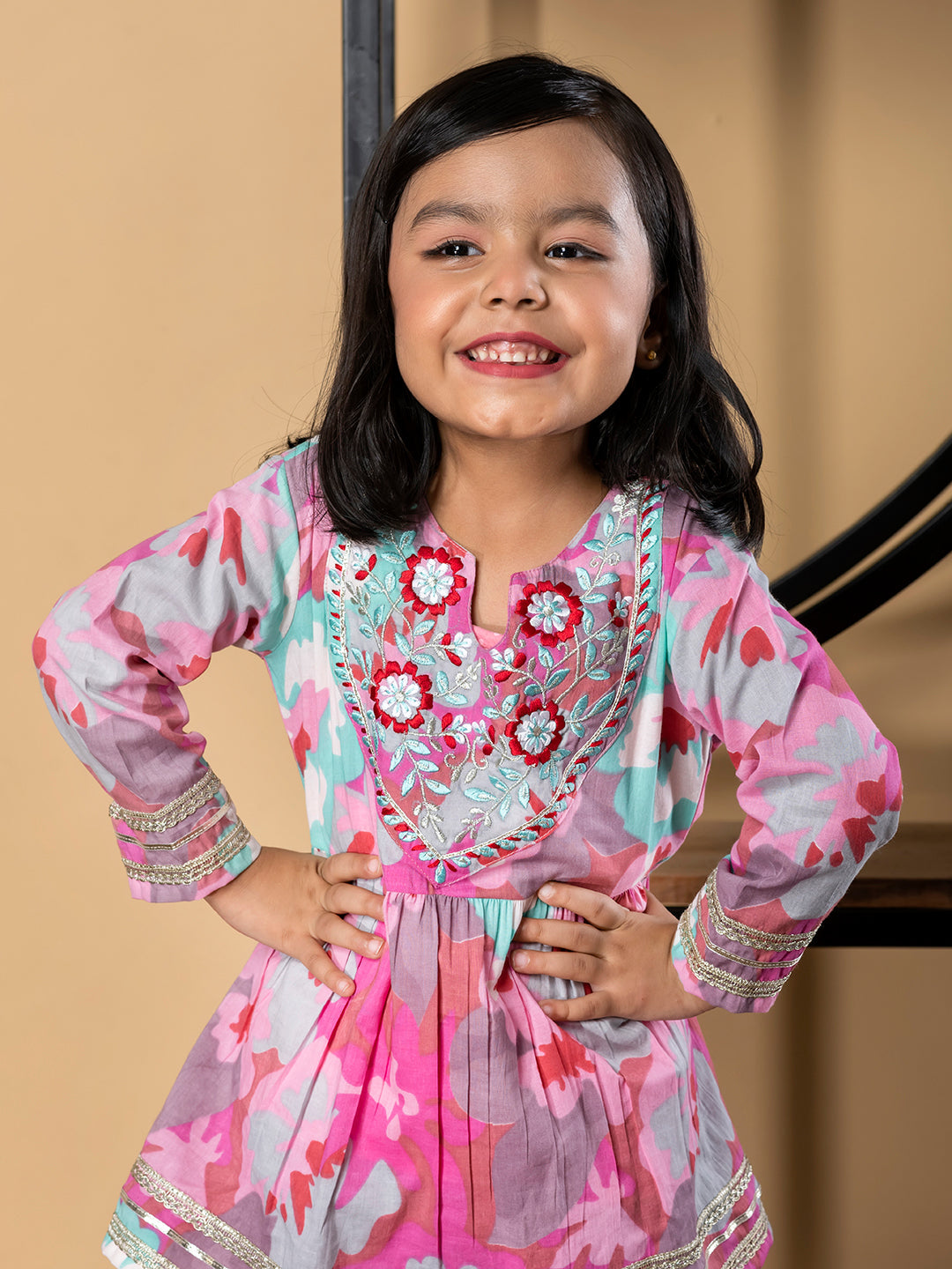 Girls Peplum Style Cotton Fabric Pink Color Kurti With Palazzo