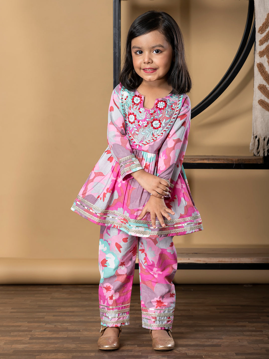 Girls Peplum Style Cotton Fabric Pink Color Kurti With Palazzo