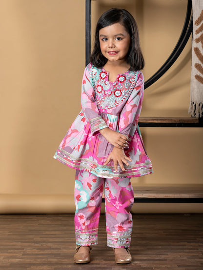 Girls Peplum Style Cotton Fabric Pink Color Kurti With Palazzo