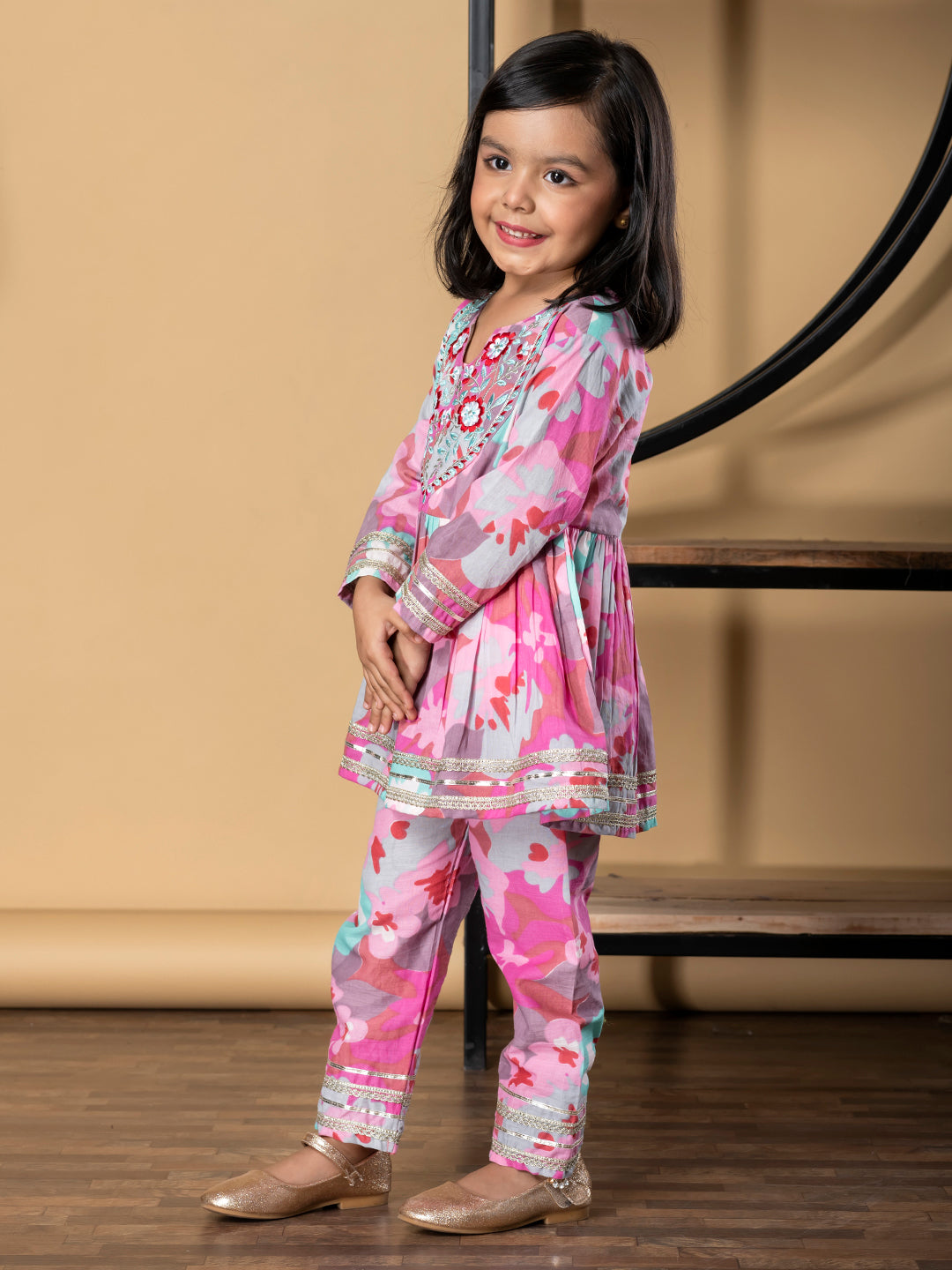 Girls Peplum Style Cotton Fabric Pink Color Kurti With Palazzo