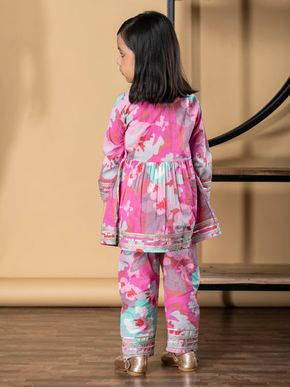 Girls Peplum Style Cotton Fabric Pink Color Kurti With Palazzo