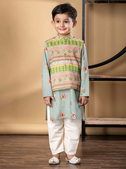 Boys Straight Style Cotton Fabric Green Color Kurta And Pyjama With Nehru Jacket