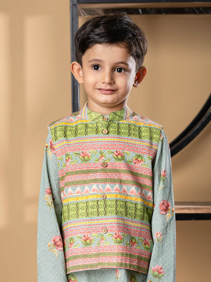 Boys Straight Style Cotton Fabric Green Color Kurta And Pyjama With Nehru Jacket