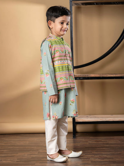 Boys Straight Style Cotton Fabric Green Color Kurta And Pyjama With Nehru Jacket
