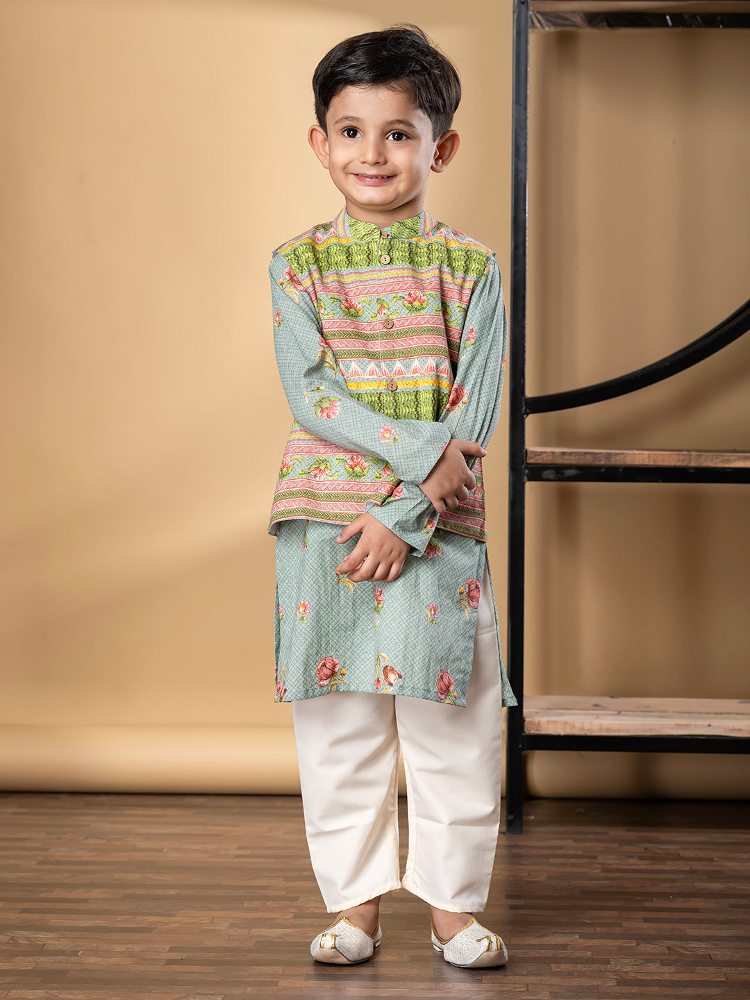 Boys Straight Style Cotton Fabric Green Color Kurta And Pyjama With Nehru Jacket