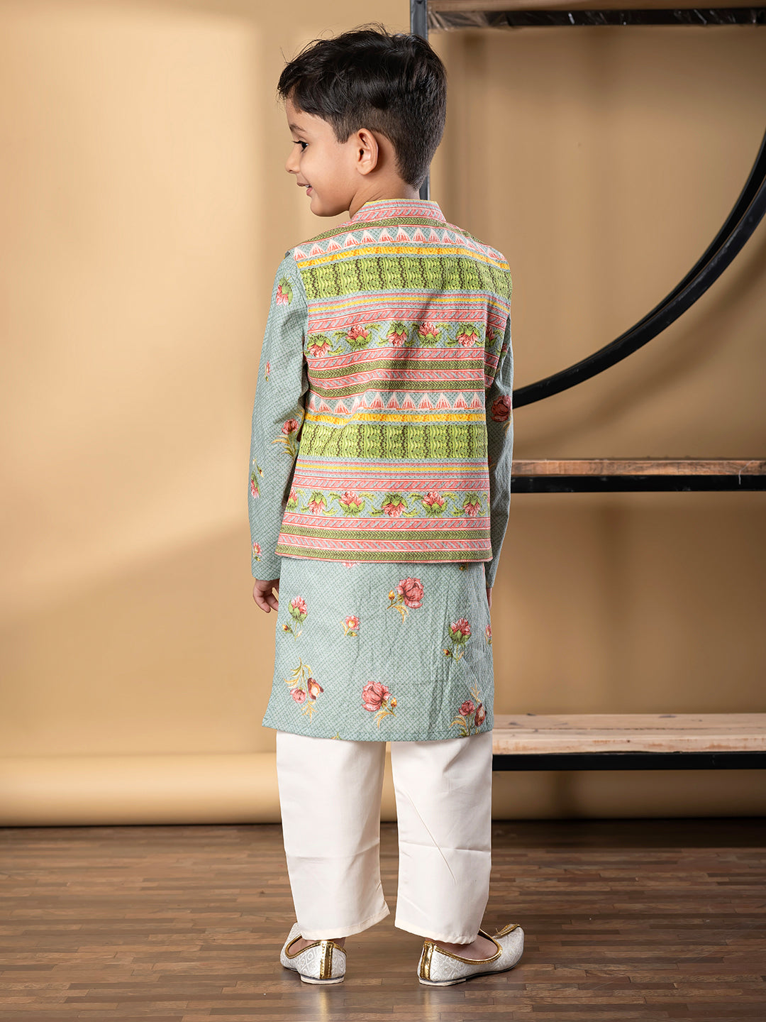 Boys Straight Style Cotton Fabric Green Color Kurta And Pyjama With Nehru Jacket
