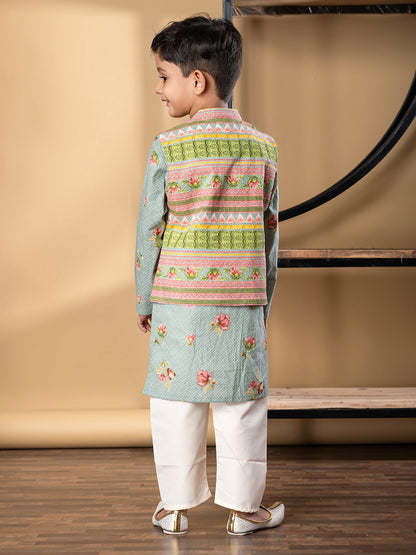 Boys Straight Style Cotton Fabric Green Color Kurta And Pyjama With Nehru Jacket