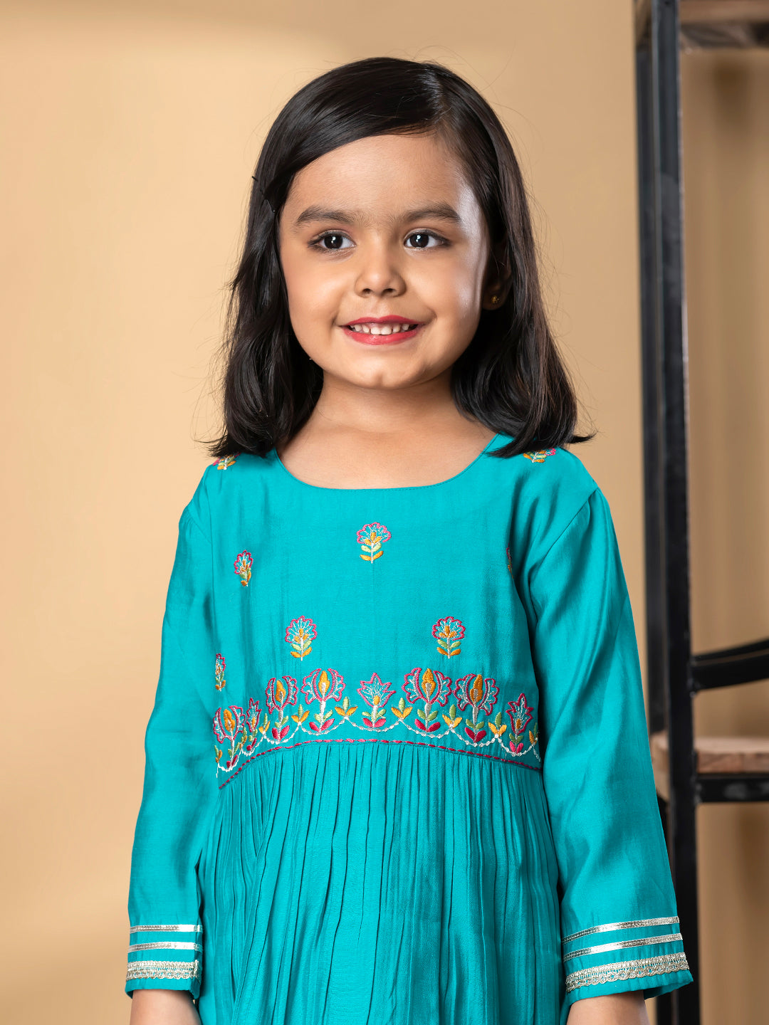 Girls Peplum Style Roman Silk Fabric Blue Color Kurti With Dhoti