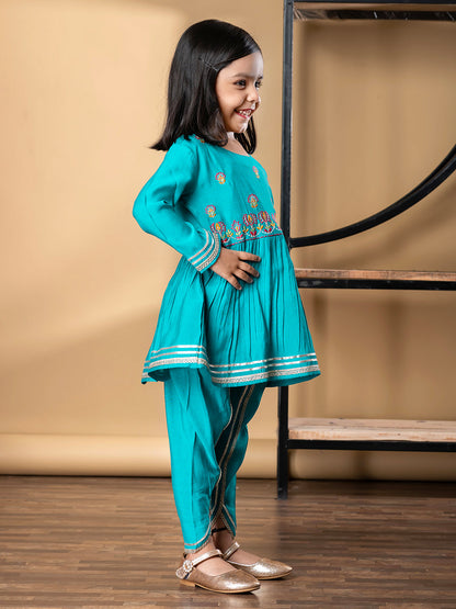 Girls Peplum Style Roman Silk Fabric Blue Color Kurti With Dhoti