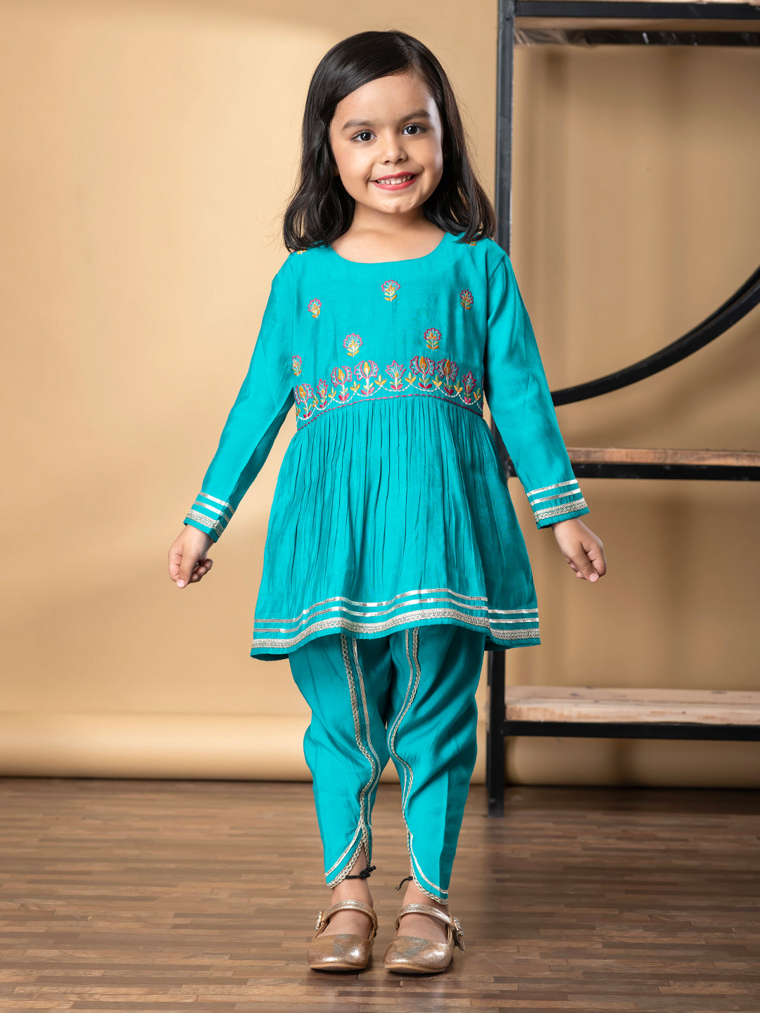 Girls Peplum Style Roman Silk Fabric Blue Color Kurti With Dhoti