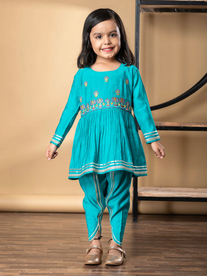 Girls Peplum Style Roman Silk Fabric Blue Color Kurti With Dhoti