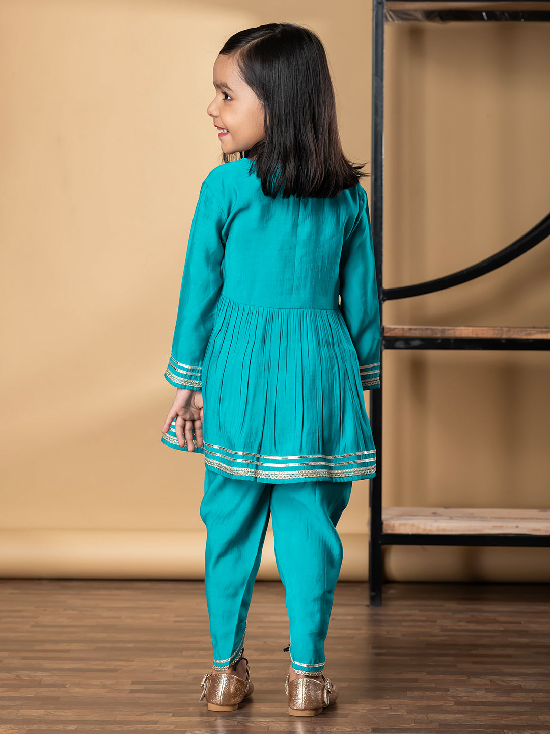 Girls Peplum Style Roman Silk Fabric Blue Color Kurti With Dhoti
