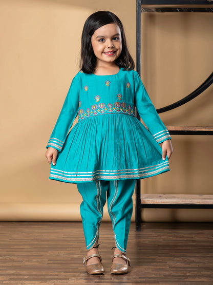 Girls Peplum Style Roman Silk Fabric Blue Color Kurti With Dhoti
