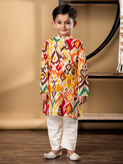 Boys Straight Style Cotton Fabric Orange Color Kurta And Pyjama