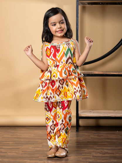 Girls Frock Style Cotton Fabric Orange Color Kurti With Palazzo
