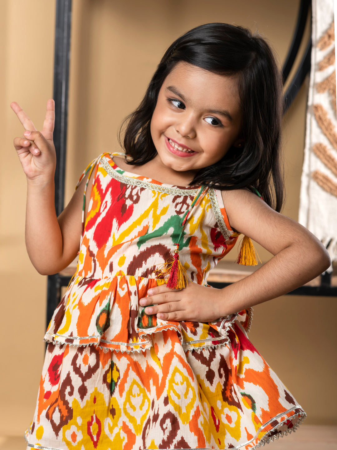 Girls Frock Style Cotton Fabric Orange Color Kurti With Palazzo