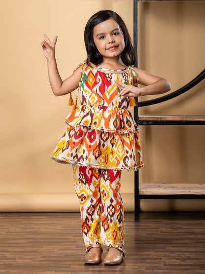 Girls Frock Style Cotton Fabric Orange Color Kurti With Palazzo