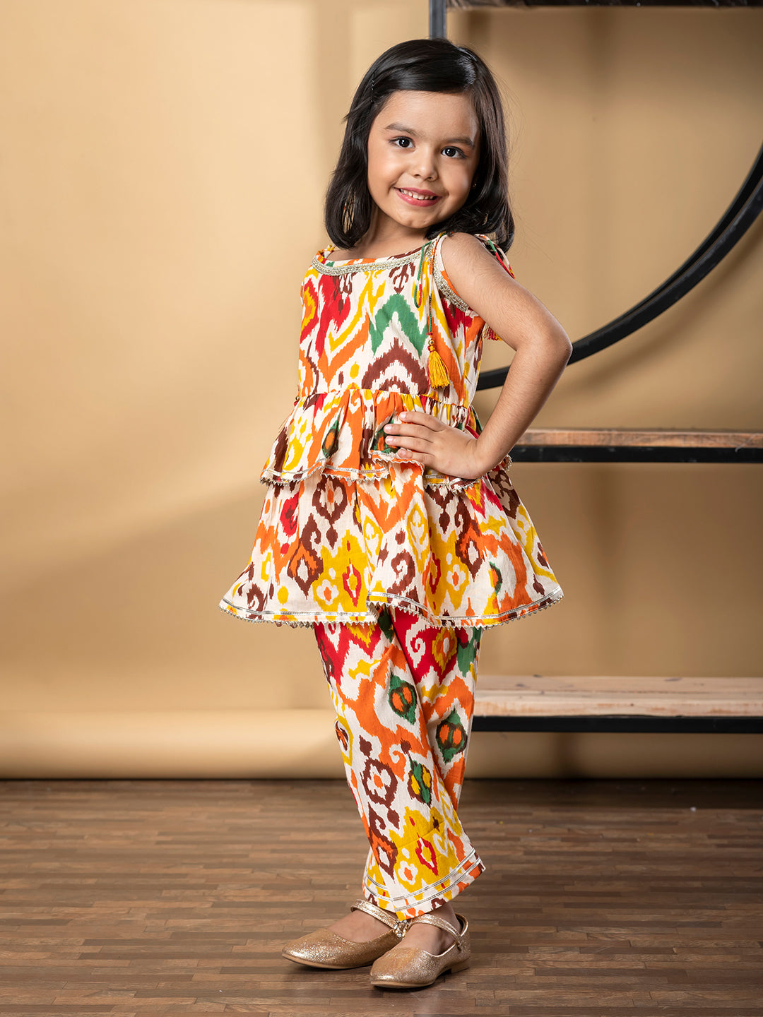 Girls Frock Style Cotton Fabric Orange Color Kurti With Palazzo