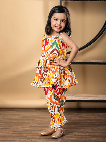 Girls Frock Style Cotton Fabric Orange Color Kurti With Palazzo