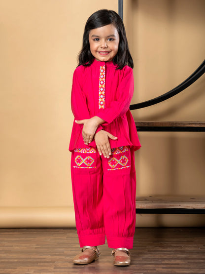 Girls Peplum Style Roman Silk Fabric Pink Color Kurti With Patiala