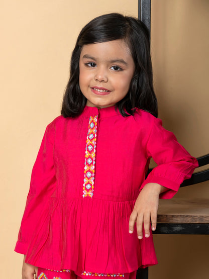 Girls Peplum Style Roman Silk Fabric Pink Color Kurti With Patiala