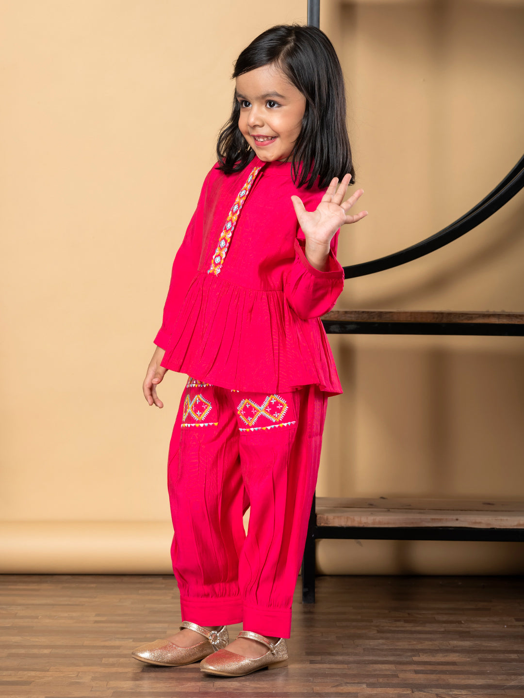 Girls Peplum Style Roman Silk Fabric Pink Color Kurti With Patiala