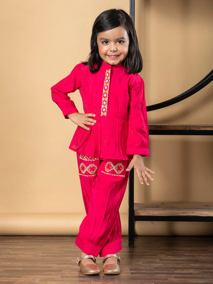 Girls Peplum Style Roman Silk Fabric Pink Color Kurti With Patiala