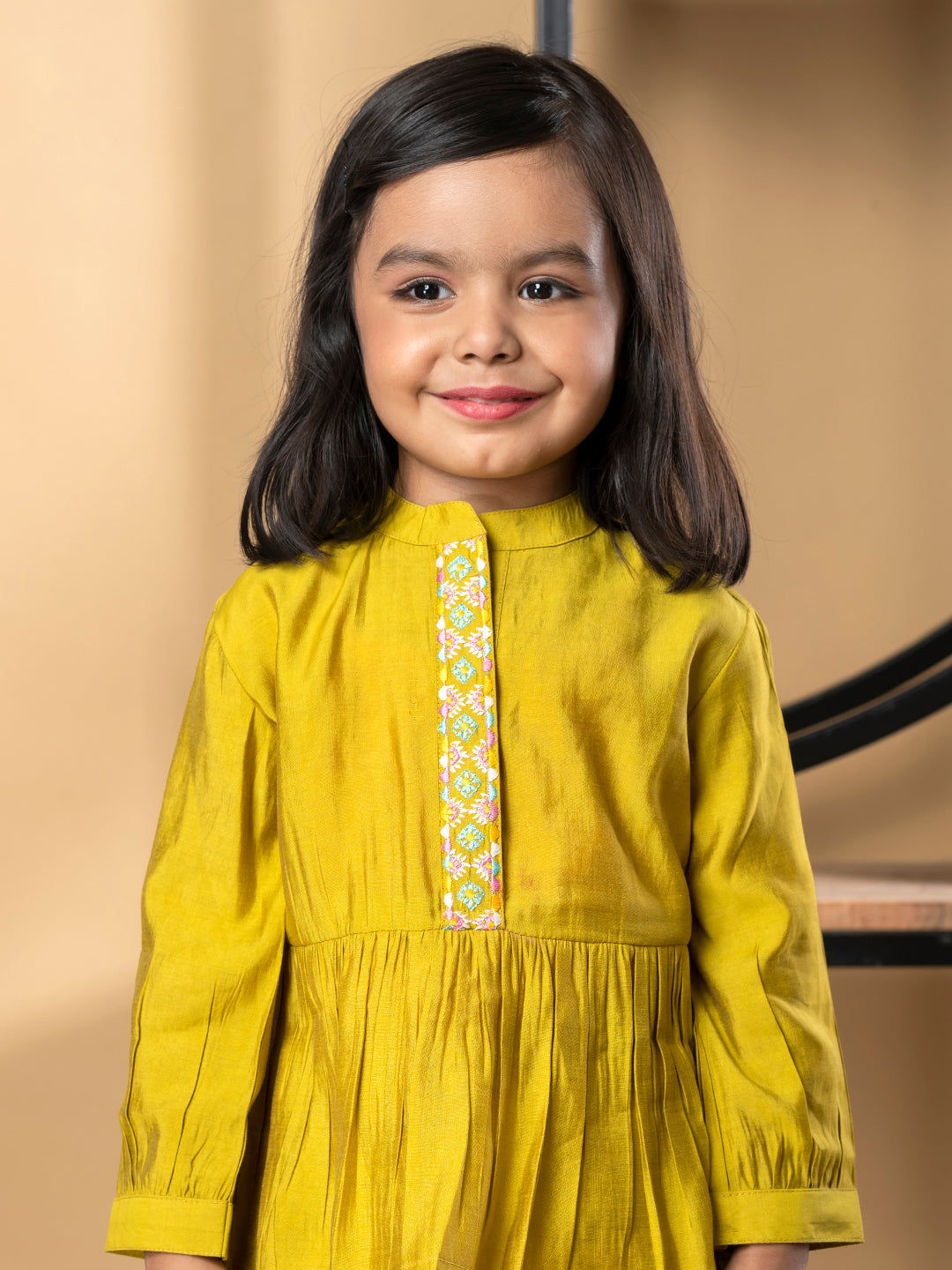 Girls Peplum Style Roman Silk Fabric Gold Color Kurti With Palazzo