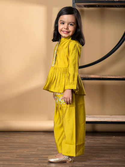 Girls Peplum Style Roman Silk Fabric Gold Color Kurti With Palazzo