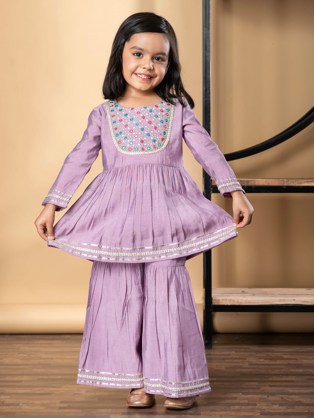 Girls Peplum Style Roman Silk Fabric Mauve Color Kurti With Sharara