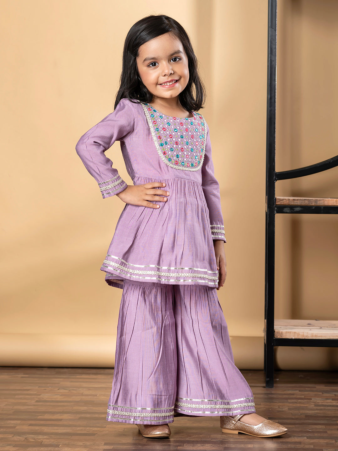 Girls Peplum Style Roman Silk Fabric Mauve Color Kurti With Sharara