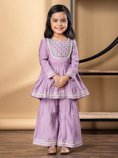 Girls Peplum Style Roman Silk Fabric Mauve Color Kurti With Sharara
