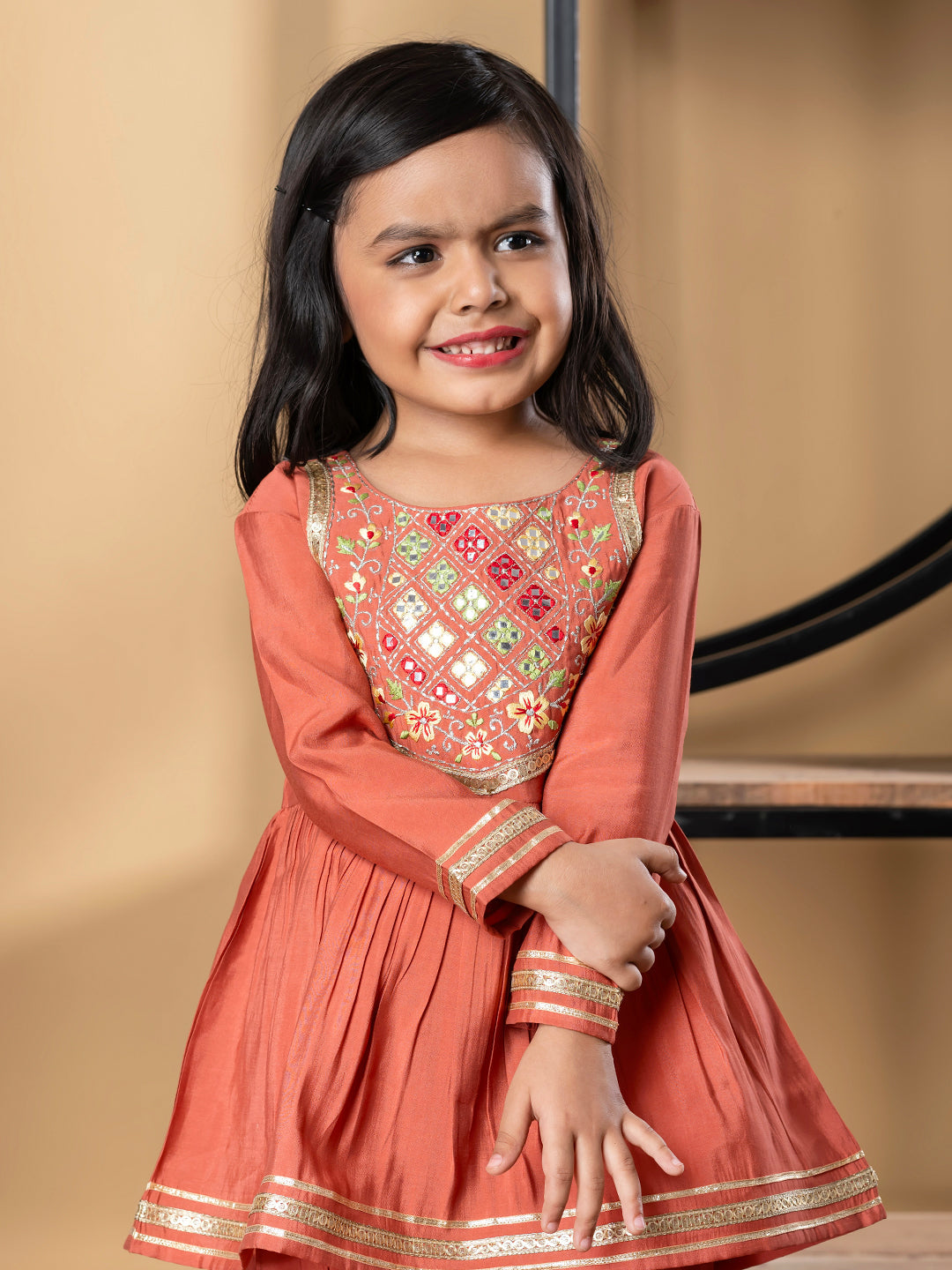 Girls Peplum Style Roman Silk Fabric Peach Color Kurti With Sharara